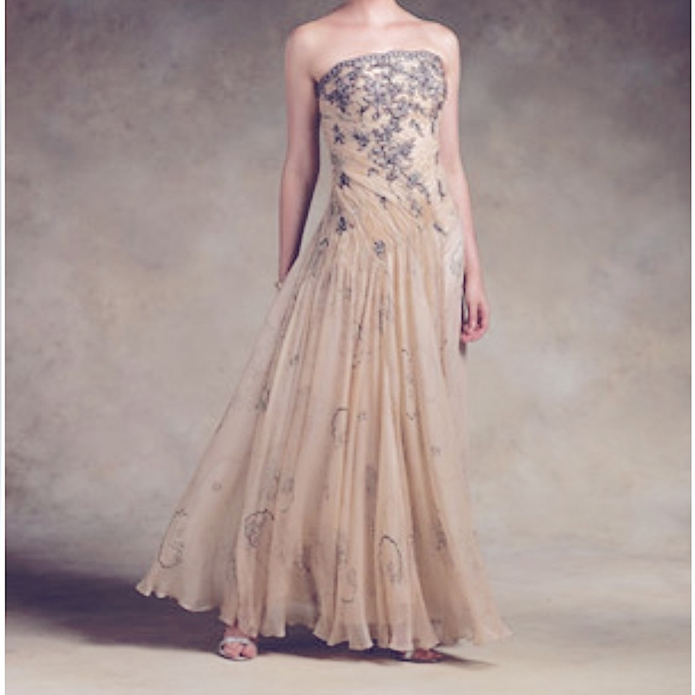 Rina diMontella Strapless Chiffon Gown in Cream and Silver, size 16W